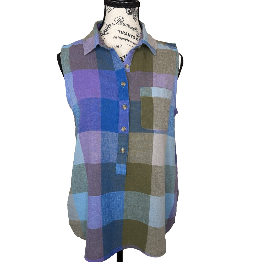 Time & True Women’s Sleeveless Linen Blend Blouse Medium Multicolor Large Plaid